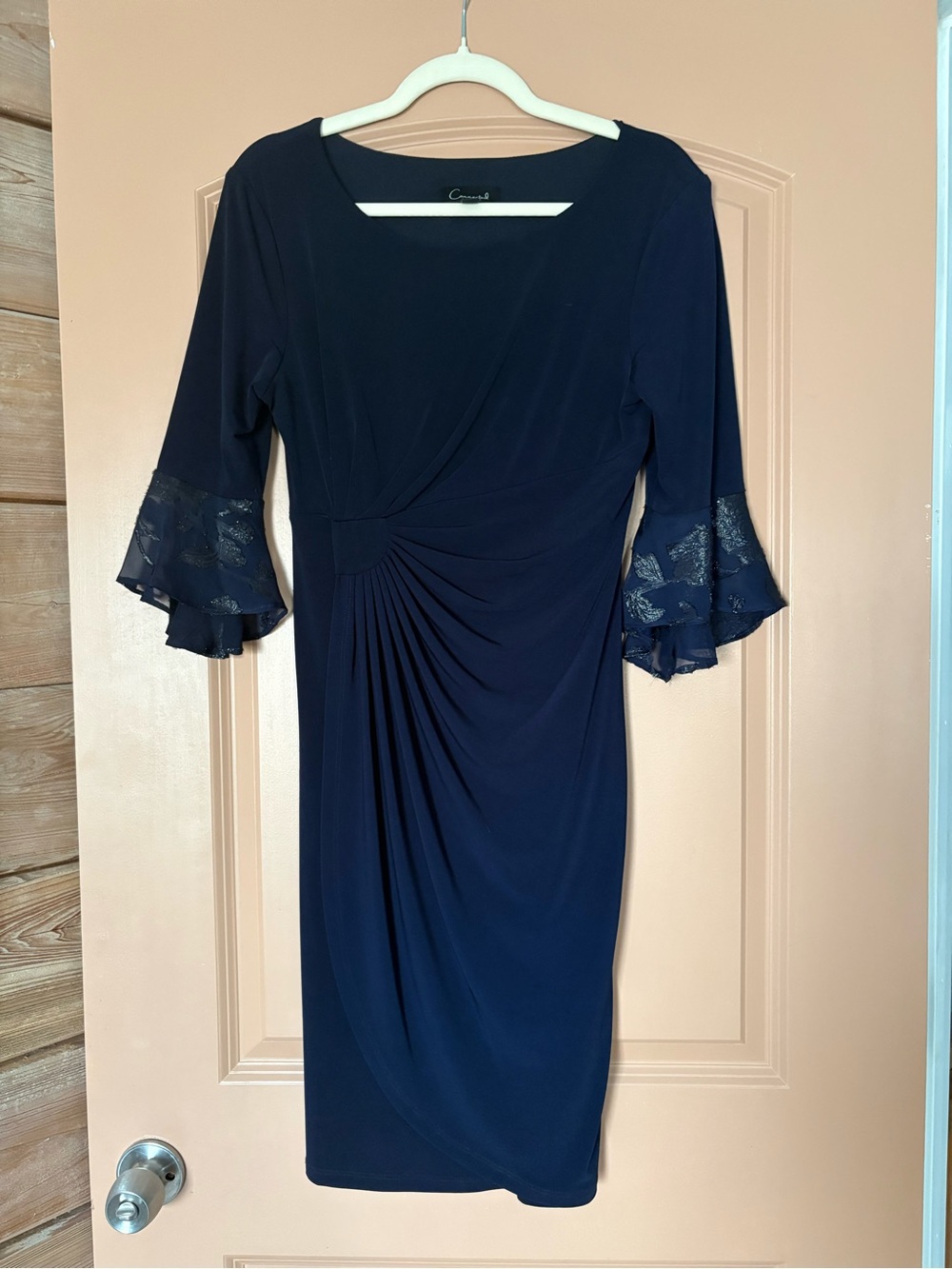 connected apparel Navy Midi Dress with Lace Bell Sleeves